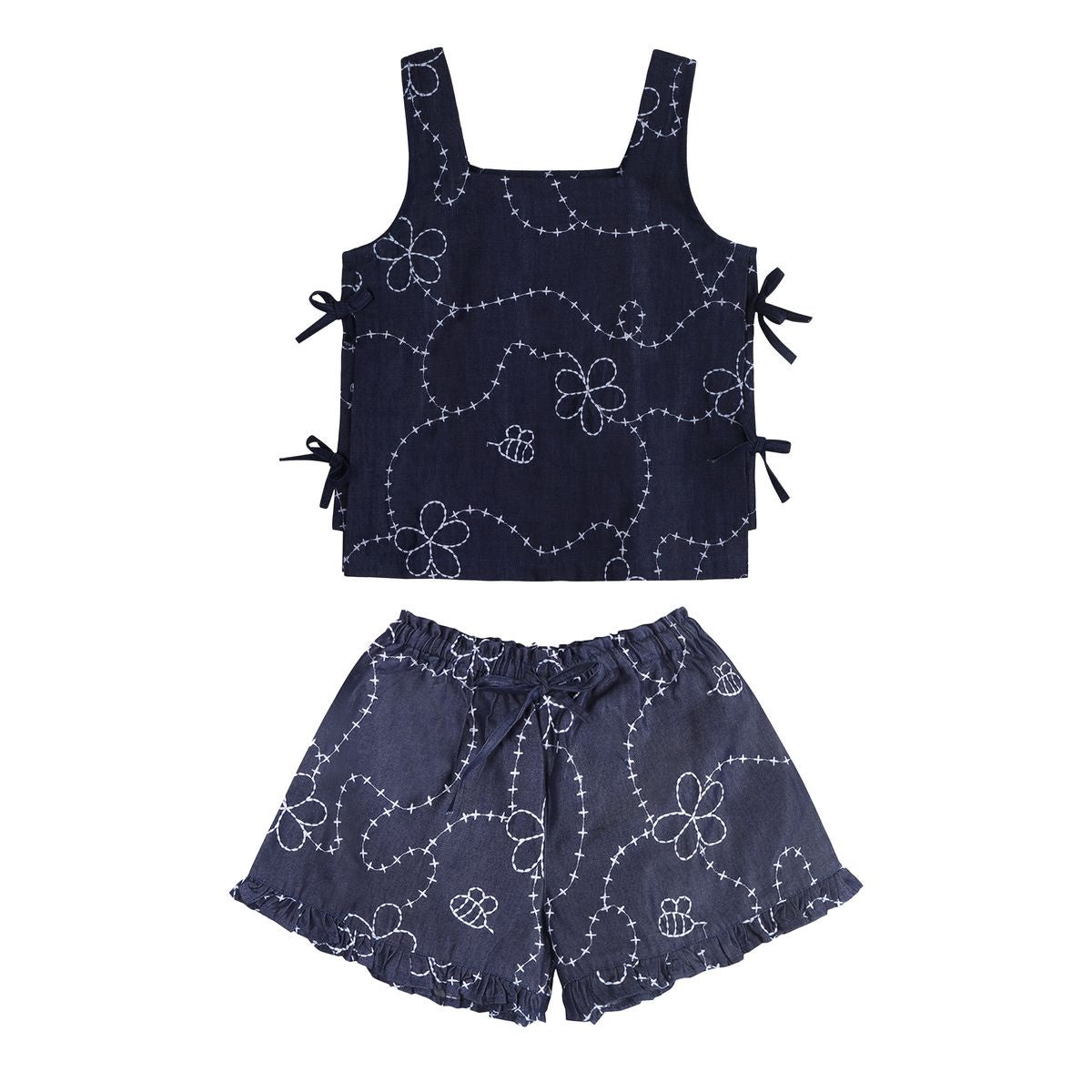 Denim Embroidered Jardin Ribbon Top w/ Short Set