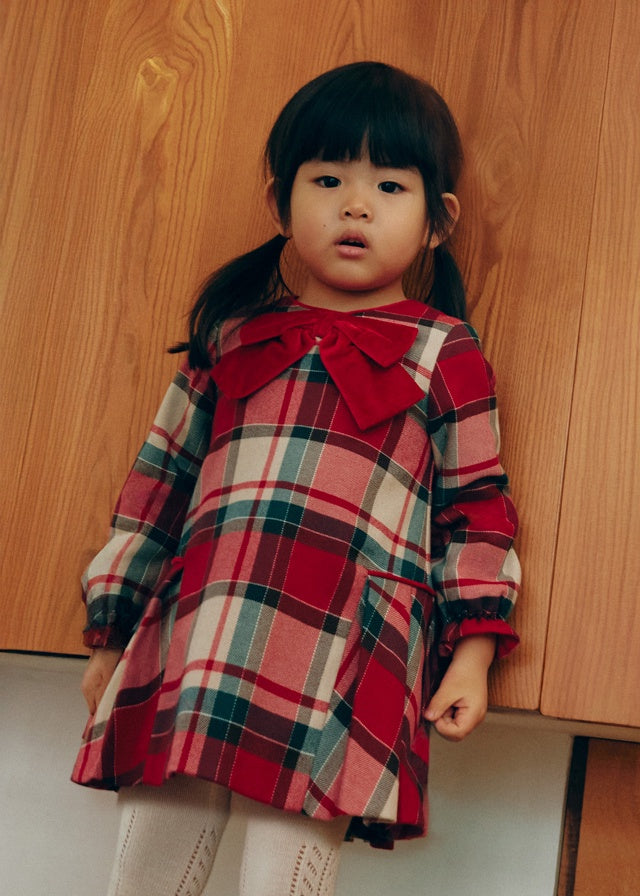 Holiday Bow Plaid Baby Dress w/ Ruffle Cuff LS