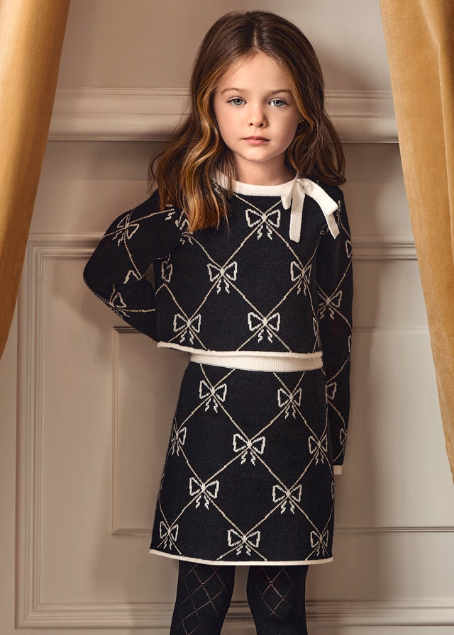 Bow Print BW Sweater Top + Skirt Toddler Set