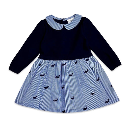Whale Embroidered Pinstripe Baby Sweater Knit Dress