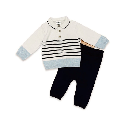 Collar and Stripe Knit Pullover and Pant Set