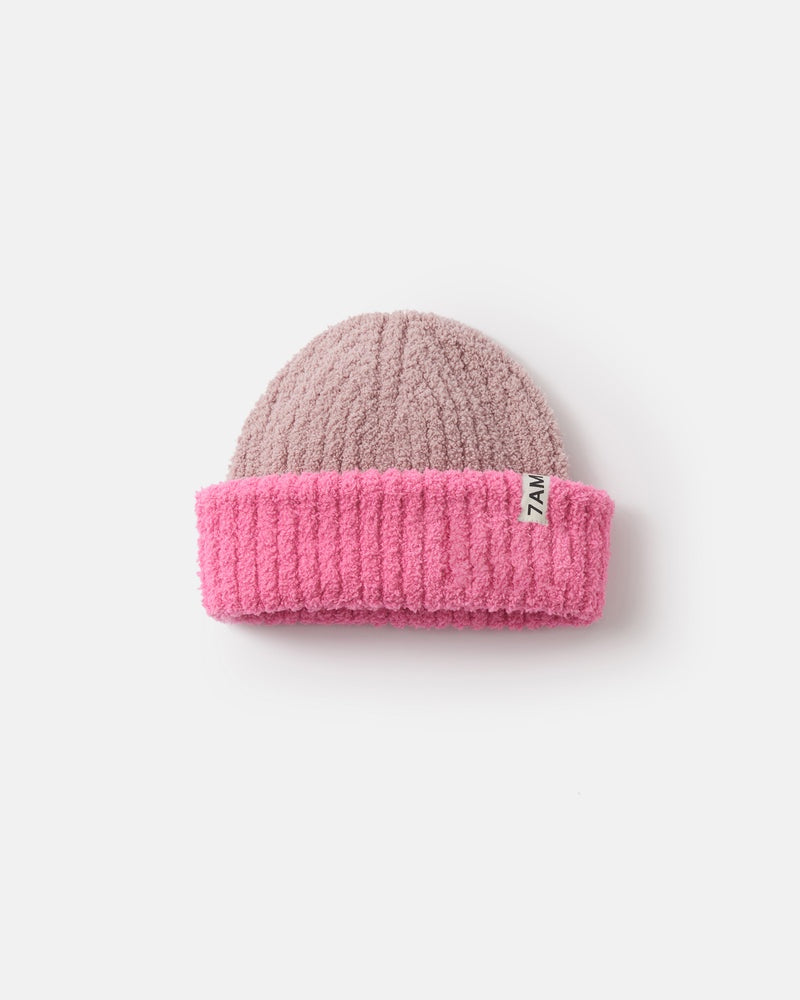 Fuzzy Pink Two-Toned Ribbed Beanie