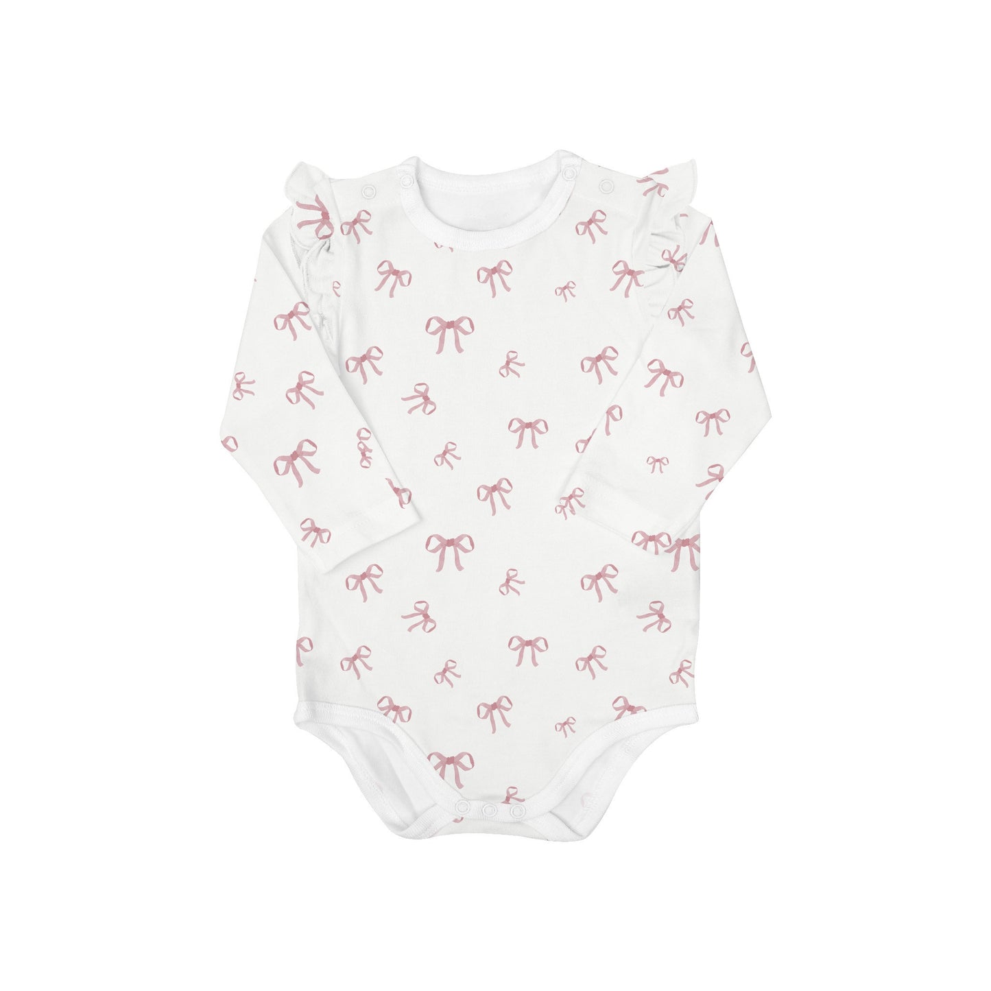 Pink Bows on White Cotton Modal LS Ruffle Bodysuit