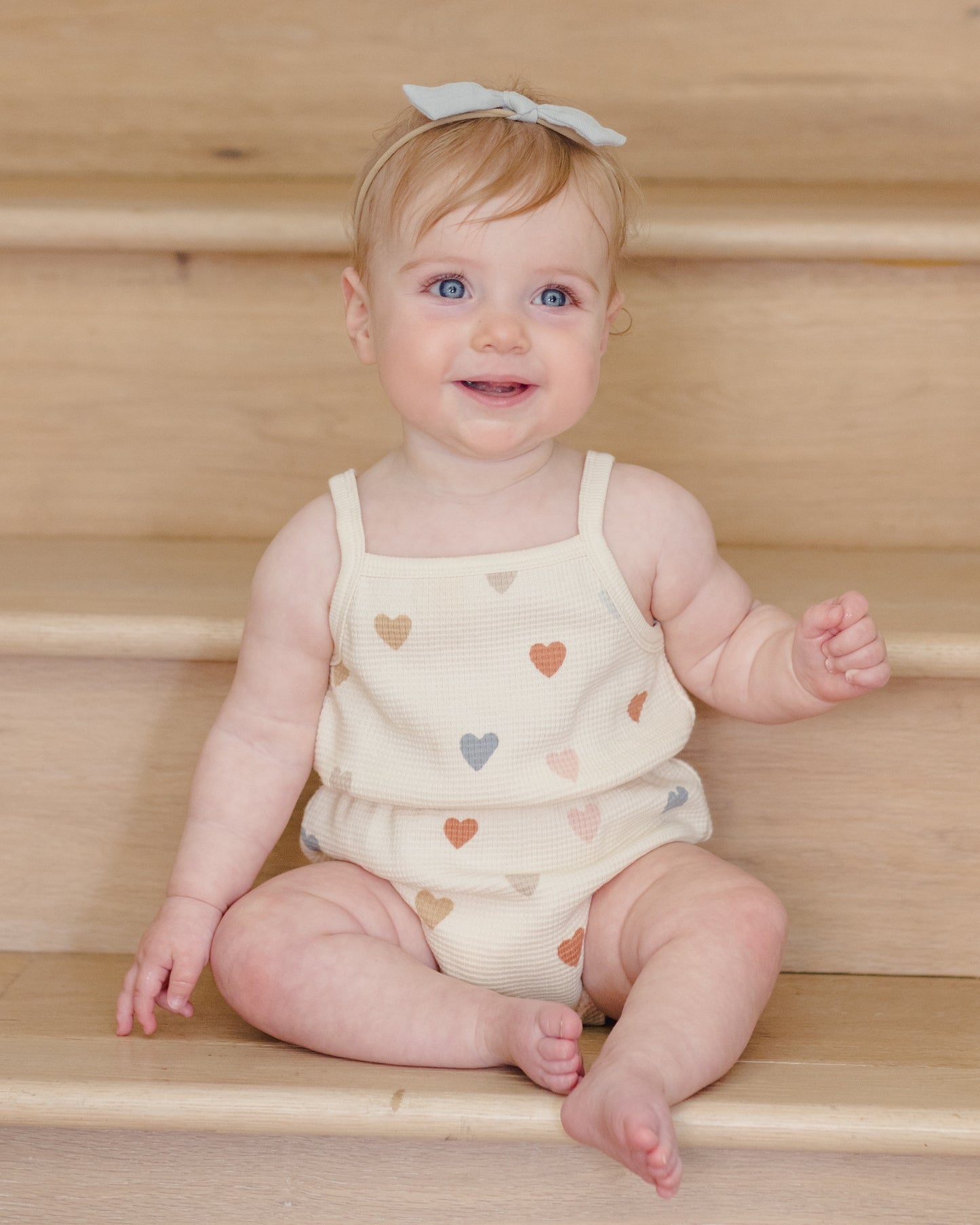 Confetti Hearts Print Waffle Cinch Shortie Romper