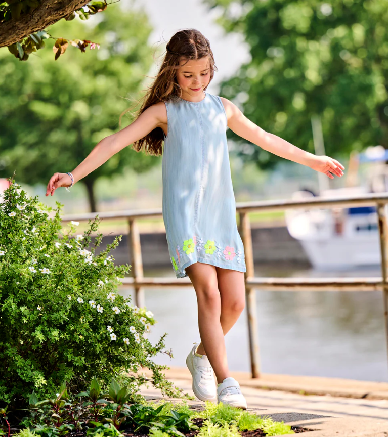 Light Blue Cotton Embroided Flower Pinafore Dress