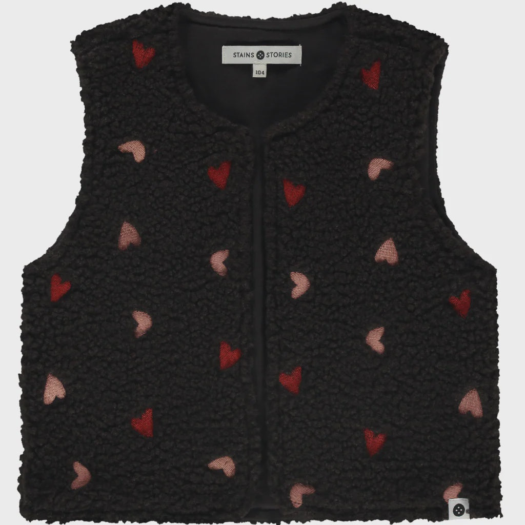 Black Sherpa Vest w/ Embroidered Hearts