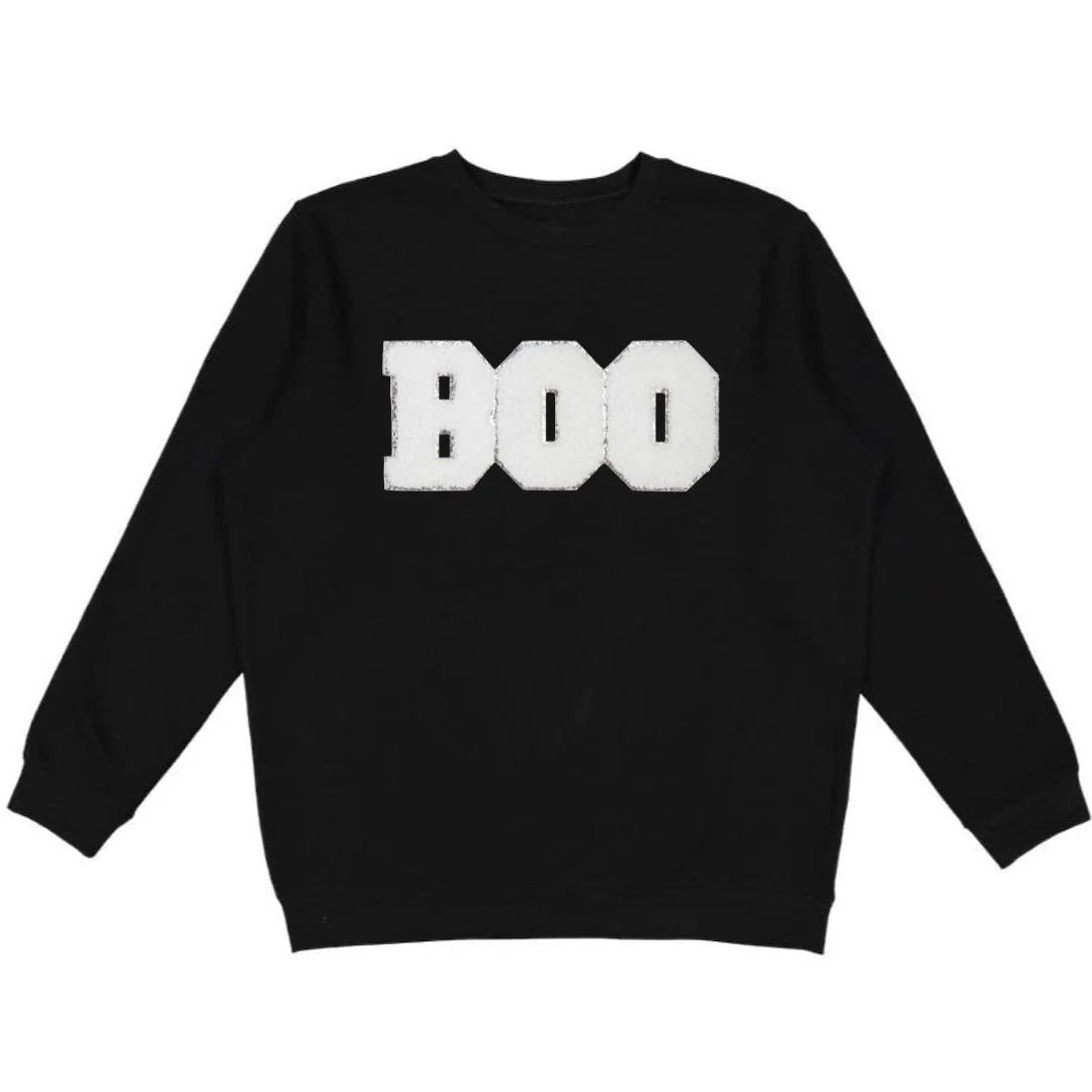 Black sweatshirt with white lettering reading "boo"