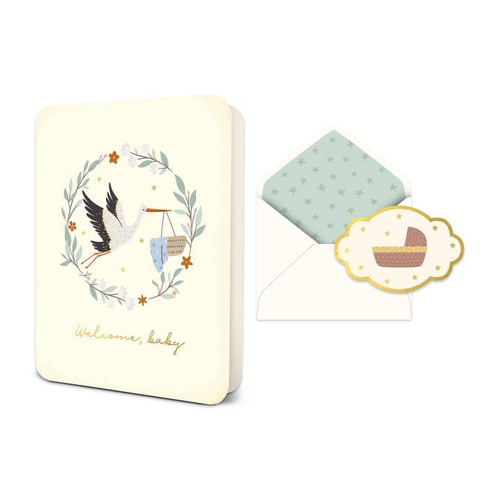 Welcome, Baby Stork w/ Basket Card