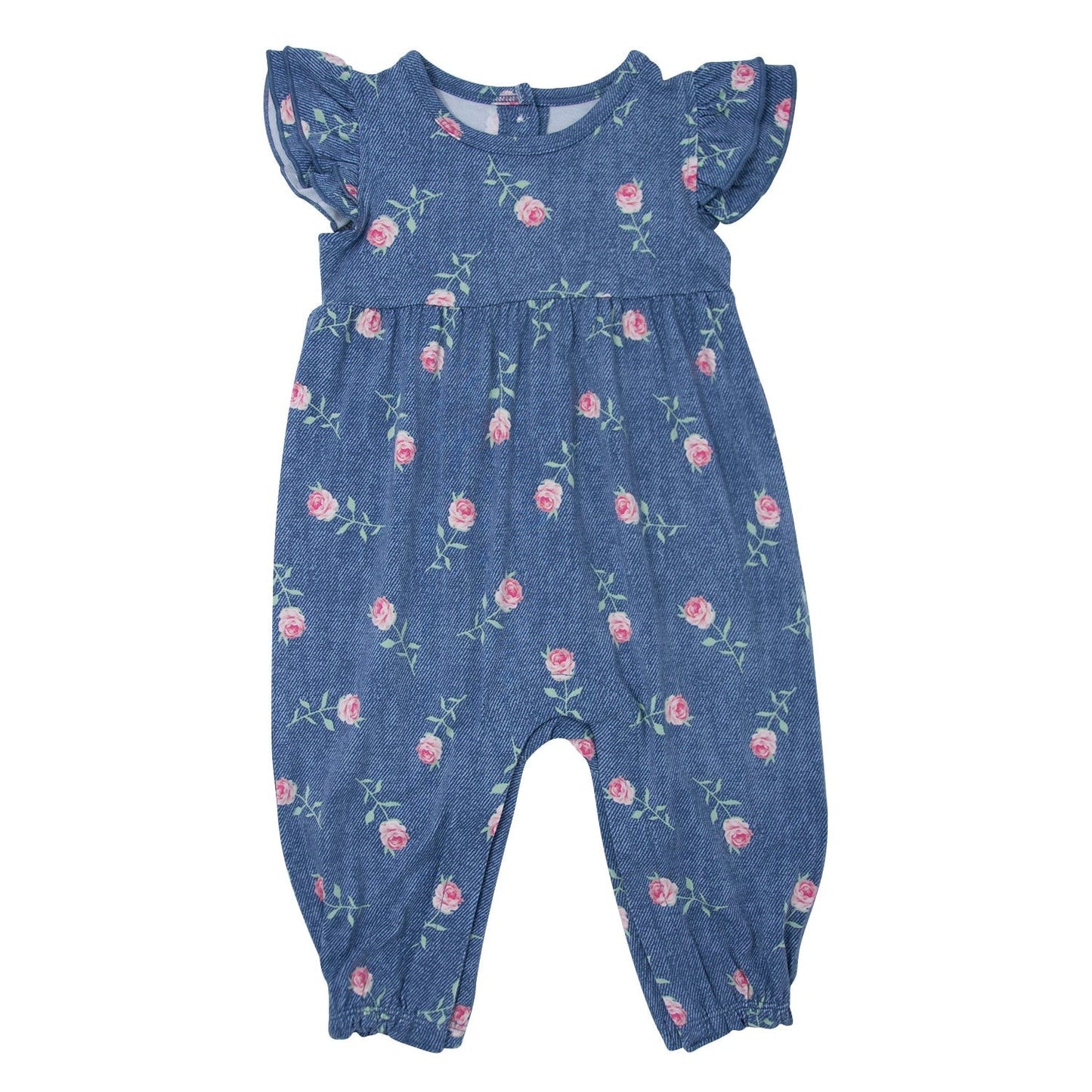 Pink Roses on Denim Flutter Sleeve Romper
