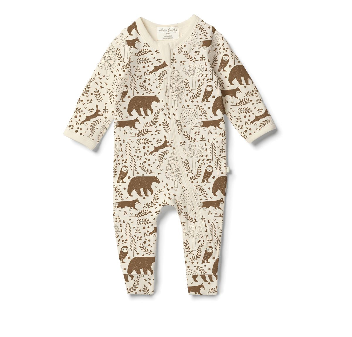 Brown Winter Forest Print Zip Footie