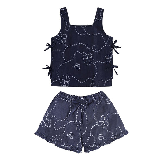 Denim Embroidered Jardin Ribbon Top w/ Short Set
