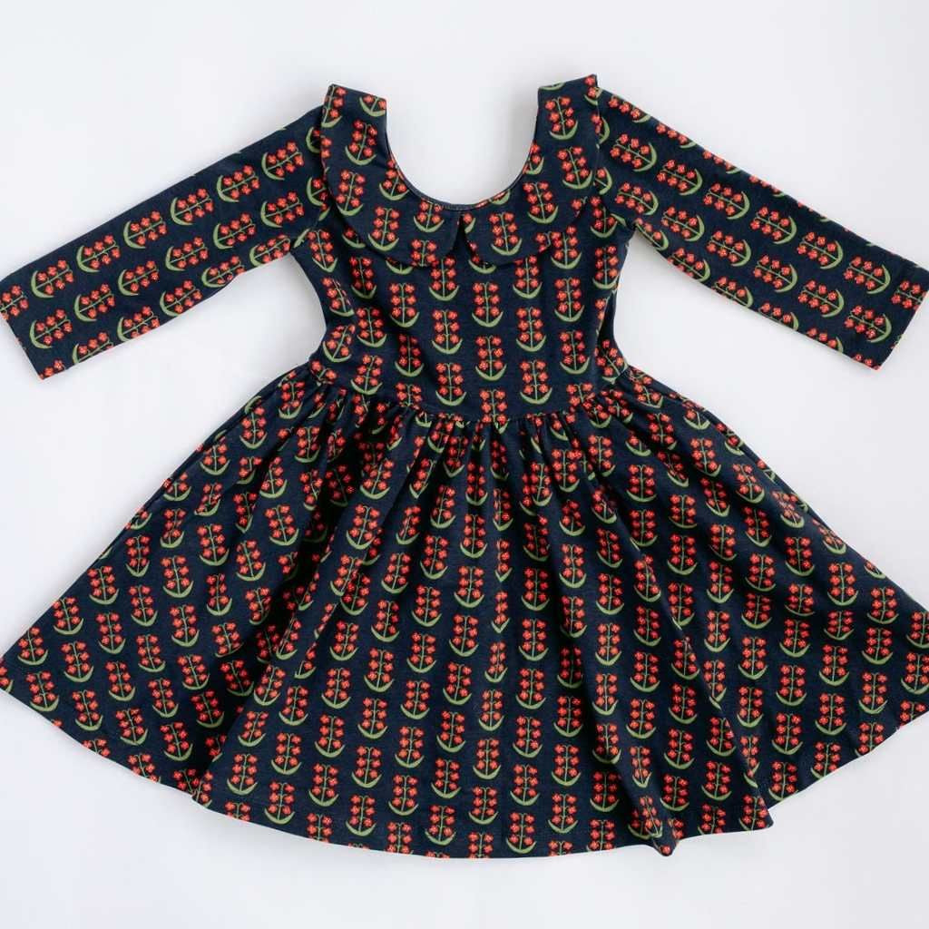 3/4 Sleeve Dark Flower Twirl Dress