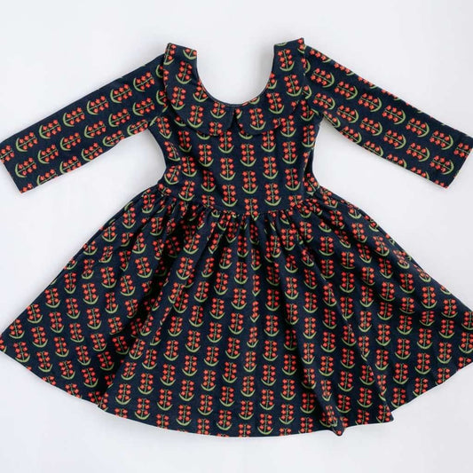 3/4 Sleeve Dark Flower Twirl Dress