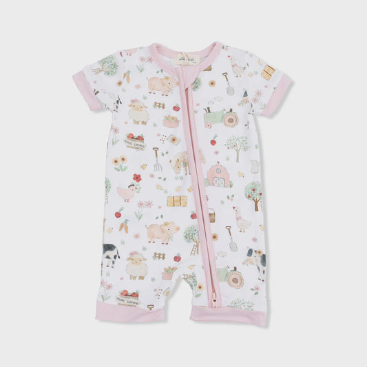 Cute Farm Animals Pink Shortie 2 Way Zipper Romper