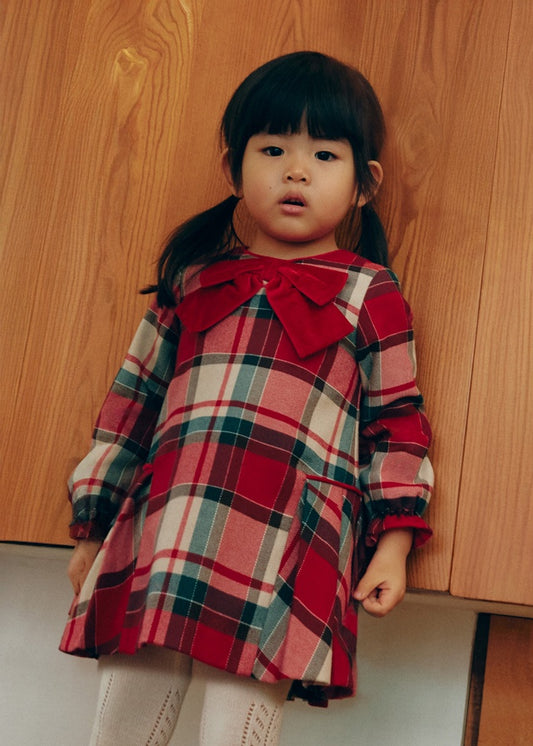 Holiday Bow Plaid Baby Dress w/ Ruffle Cuff LS