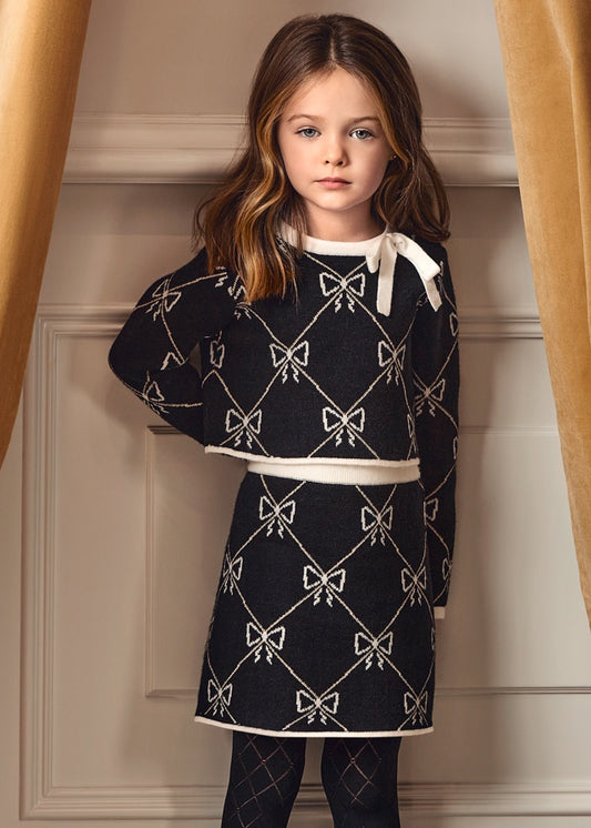 Bow Print BW Sweater Top + Skirt Toddler Set