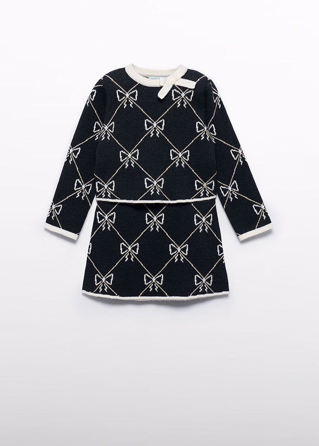 Bow Print BW Sweater Top + Skirt Kid Set