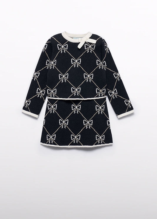 Bow Print BW Sweater Top + Skirt Kid Set