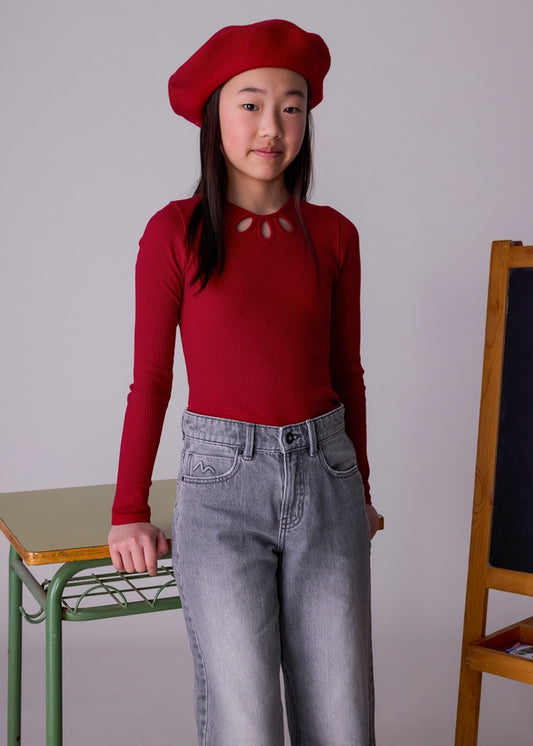 Neck Eyelet Red LS Top