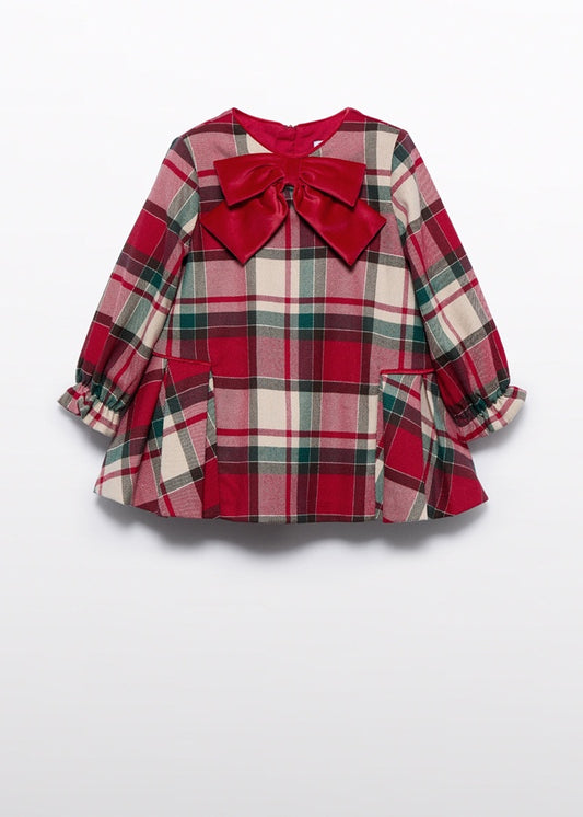 Holiday Bow Plaid Toddler Dress w/ Ruffle Cuff LS