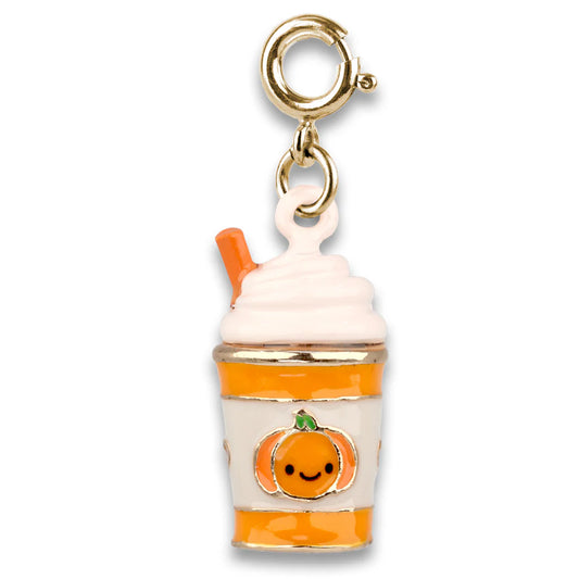 Pumpkin spice latte charm with a gold clasp on a white background