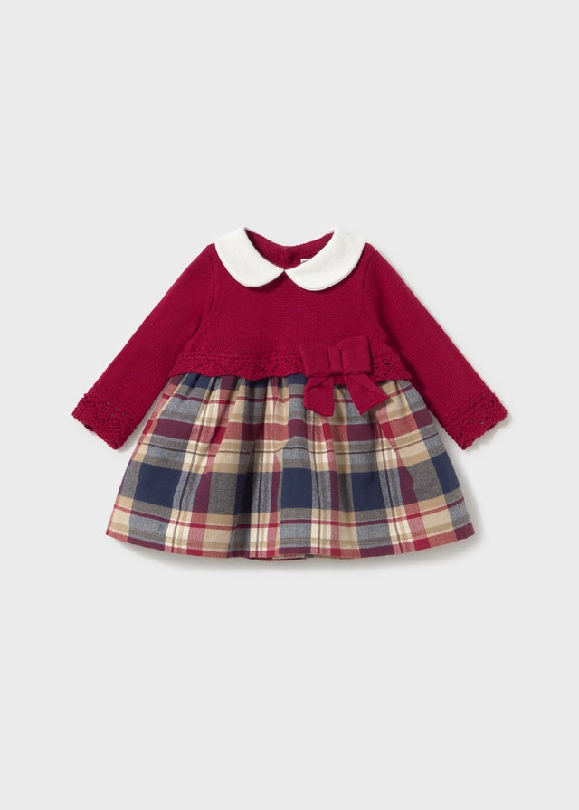 Bow Plaid LS Combined Knit Dress 2801
