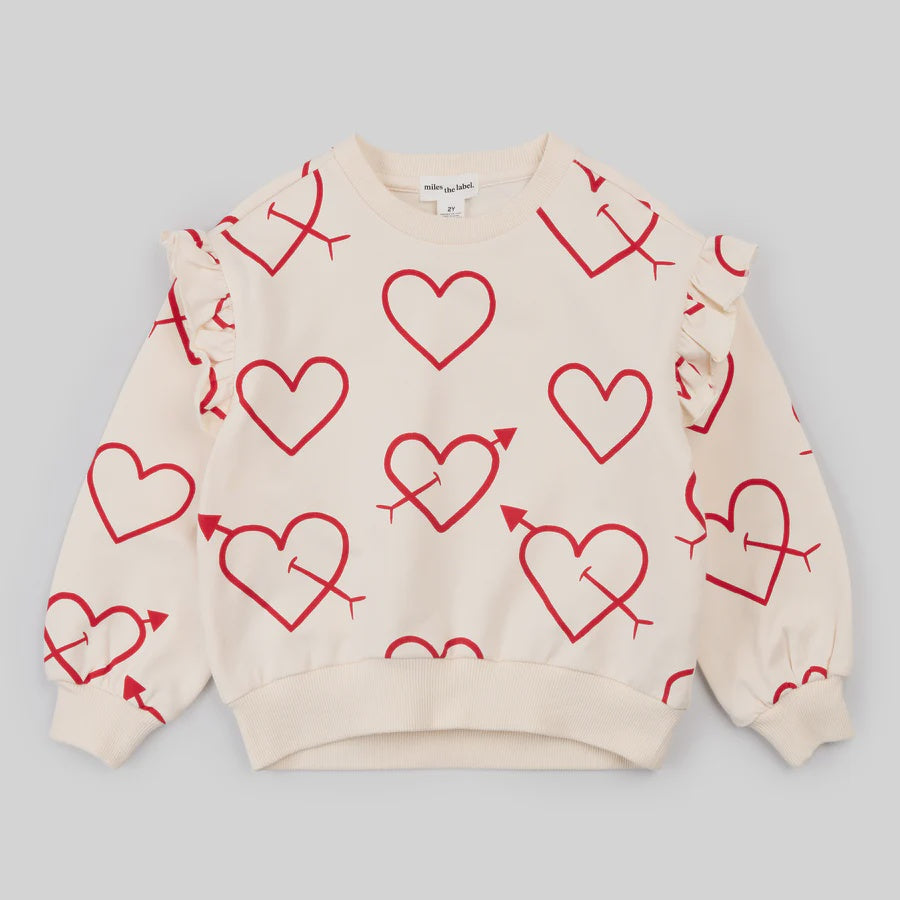 Red Hearts on Beige LS Ruffle Sweater