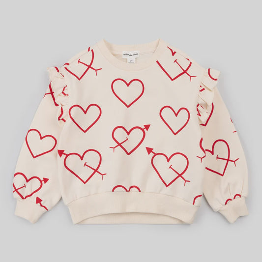 Red Hearts on Beige LS Ruffle Sweater