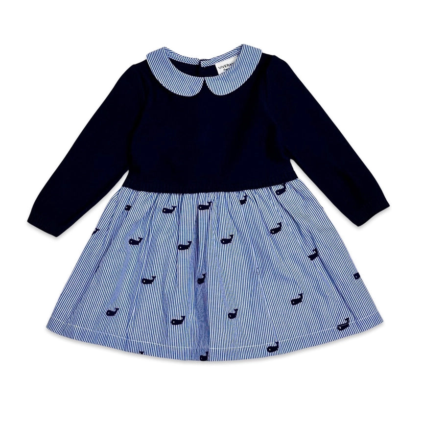 Whale Embroidered Pinstripe Baby Sweater Knit Dress