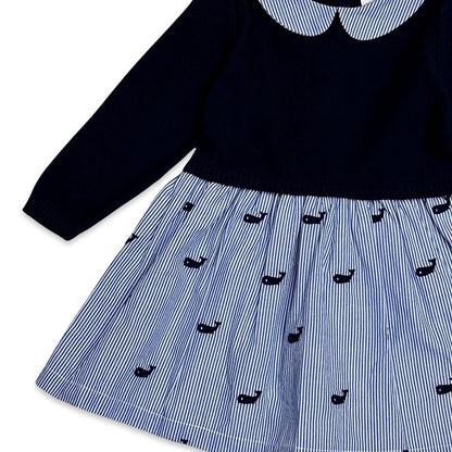 Whale Embroidered Pinstripe Baby Sweater Knit Dress