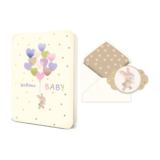 Welcome Baby Bunny w/ Heart Balloons Card