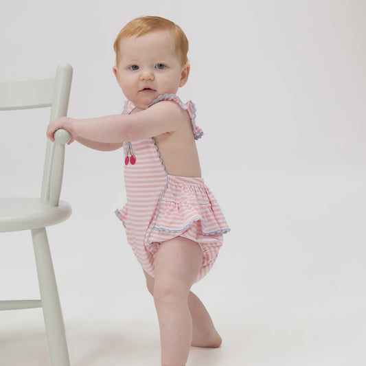 Cherry Stripe - Ric Rac Ruffle Sunsuit