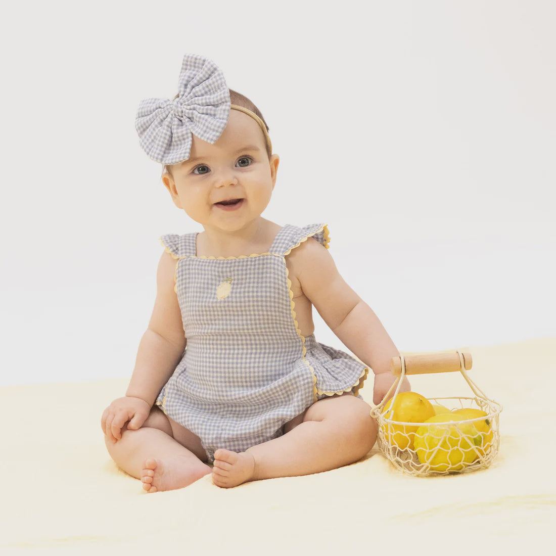 Micro Gingham Blue Blizzard Ric Rac Ruffle Sunsuit