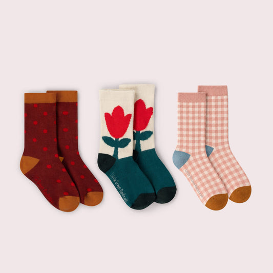 Red Flowers Ankle Socks 3 Pack