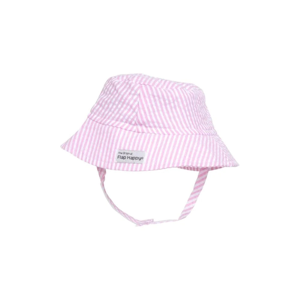 Flap Happy Bucket Hat-Pink Seersucker : M (6-12m)