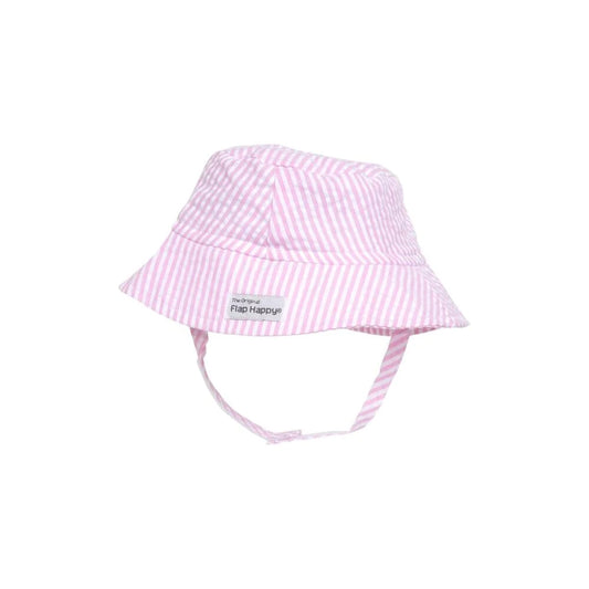 Flap Happy Bucket Hat-Pink Seersucker : M (6-12m)