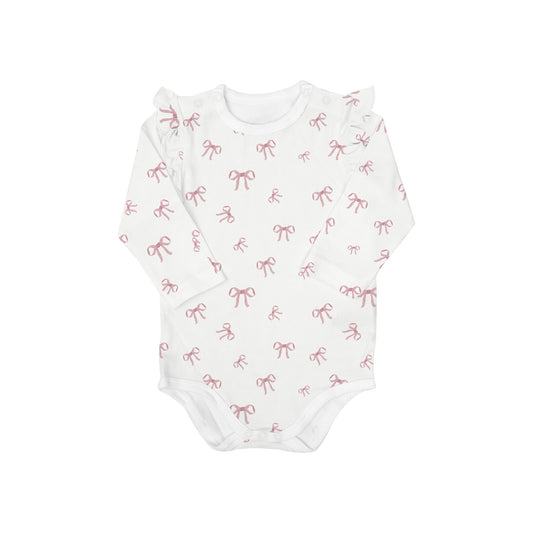 Pink Bows on White Cotton Modal LS Ruffle Bodysuit
