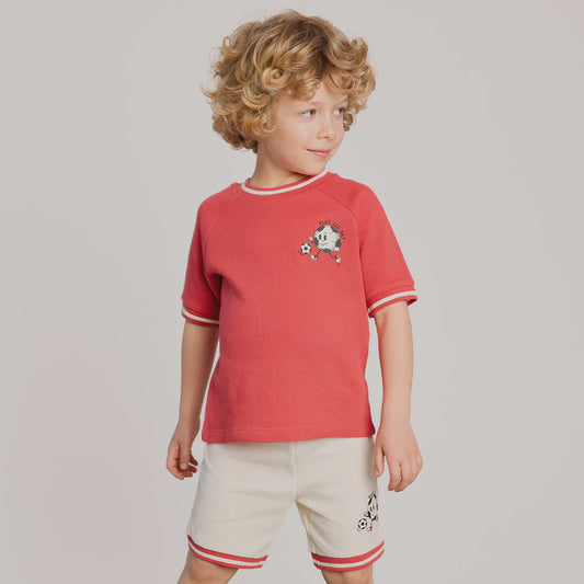 Red Stripe Hem Toddler Knit Shorts in Off White