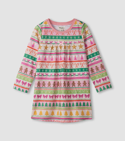 Pink Fun Fair Isle LS Kid Night Dress