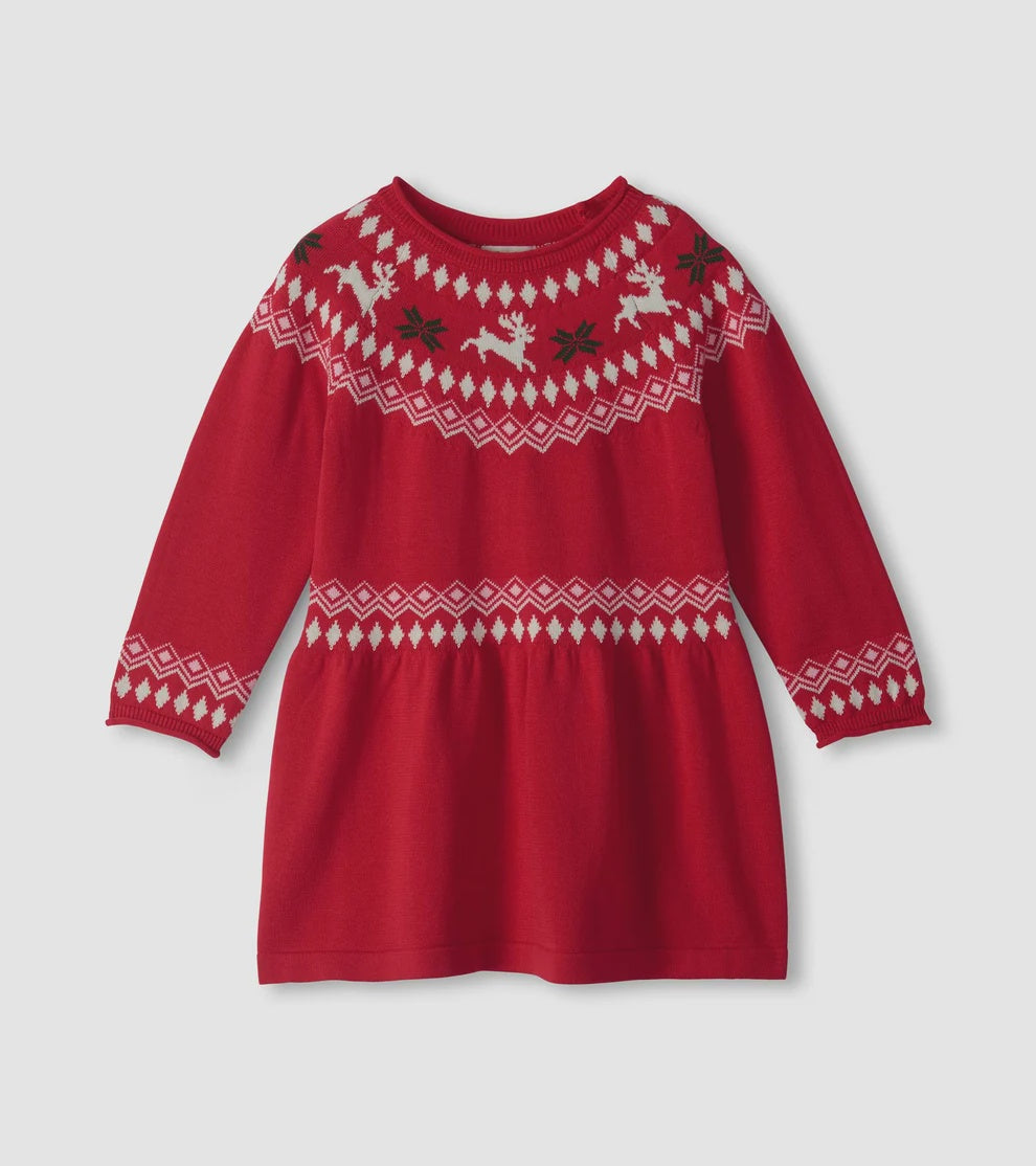 Red Reindeer Fair Isle Flared Pretty Sweater Dress