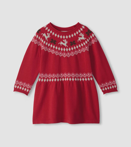 Red Reindeer Fair Isle Flared Pretty Sweater Dress