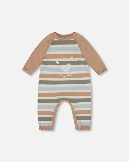 Green, Blue, Sand Stripe Knit Puppy Romper