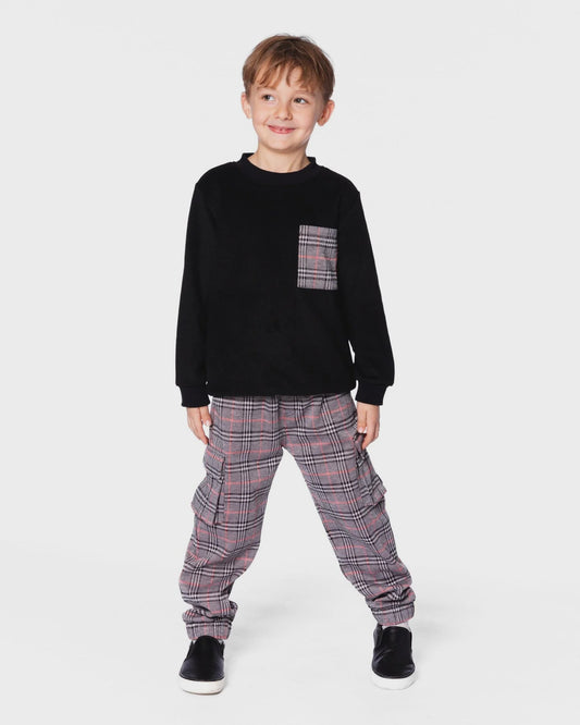 LS Black Kid Top w/ Plaid Pocket