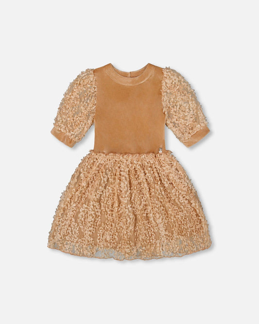Caramel Puff Sleeve Lace and Velour Dress