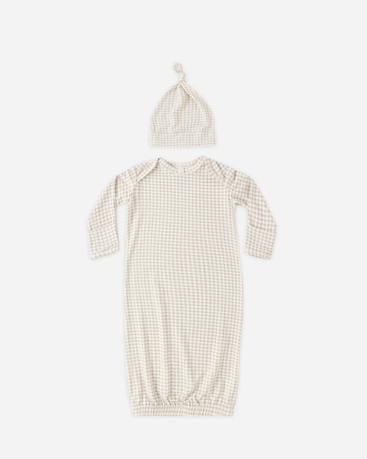 Bamboo Baby Gown + Hat Set in Oat Gingham