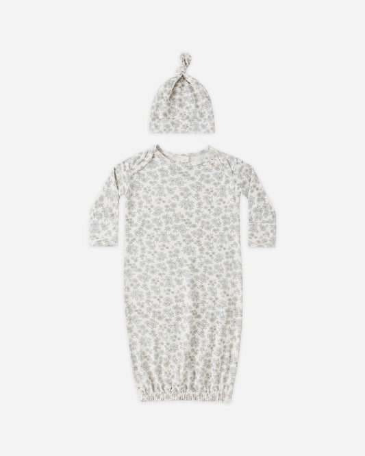 Bamboo Baby Gown + Hat Set in Blue Floral