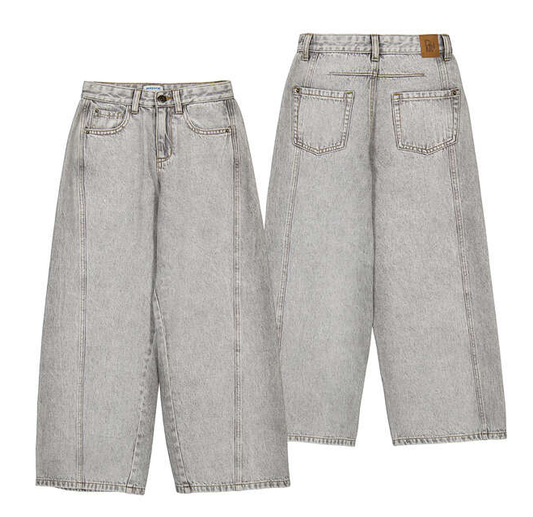 Grey Wash Denim Wide Leg Barrel Pants