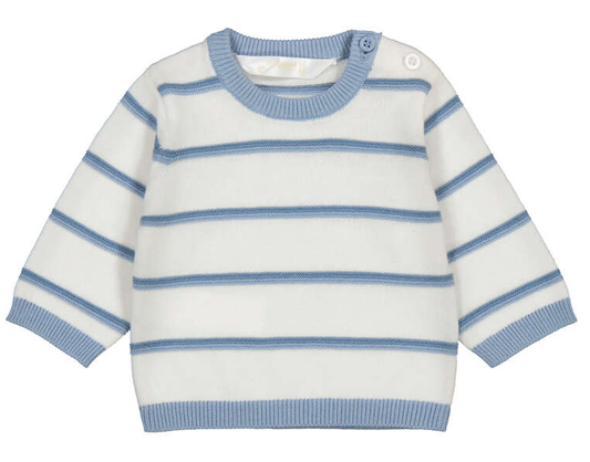 Blue Striped Knit Sweater in White w/ Shoulder Buttons