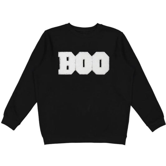 Black sweatshirt with 'BOO' printed in white on a white background
