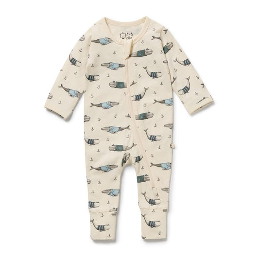 Cream Whales Zip Footie Organic